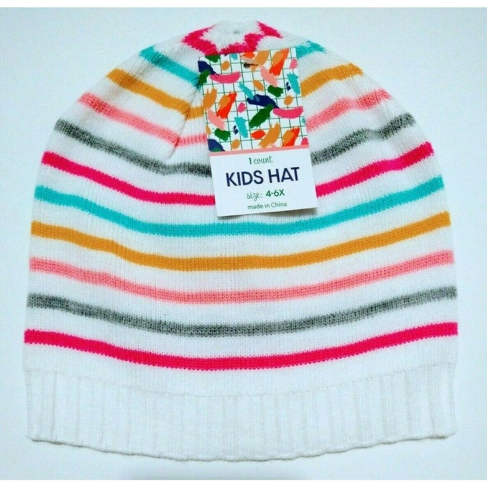 Kids Knit Beanie Hat Size 4-6X Rainbow Stripes Lightweight Warmth Fall Winter